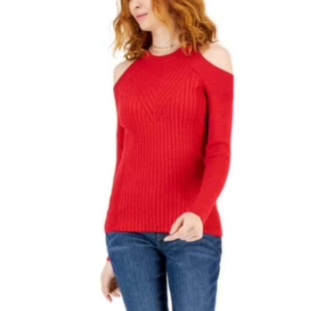 New INC International Concepts Red Metallic Cold Shoulder Rib Knit Sweater 4X‎
